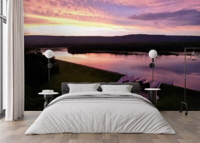 Aerial view of Minsi Lake in Pennsylvania, USA, with a stunning purple sky in the background Wall mural