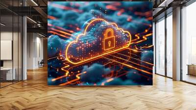  Abstract illustration of cloud security services, stylized cloud icon integrated with a secure Wall mural