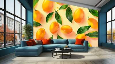  Mango fruit pattern wallpaper illustration background with green leaves Wall mural