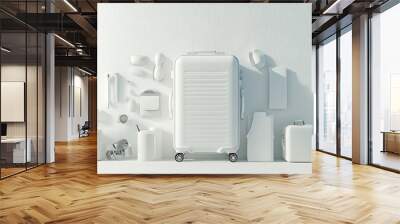 A flat lay of a white suitcase and traveler's accessories against a bright white background Wall mural