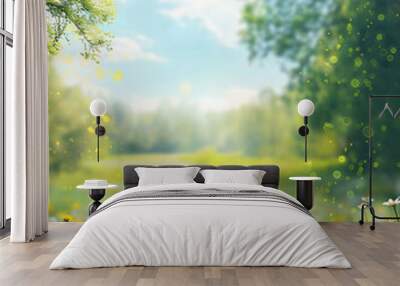 Beautiful blurred spring background nature with blooming glade chamomile, trees and blue sky on a sunny day Wall mural