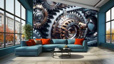 Close-Up of a Stainless Steel Gear: Engine Background Wall mural