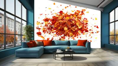 Close up spicy chili red pepper flakes, chopped, milled dry paprika pile isolated on white Wall mural