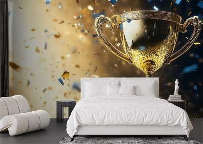 Gold trophy background with serpentine and confetti, copy space Wall mural