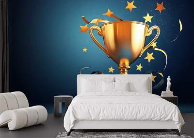 Golden trophy with gold stars on blue dark background Wall mural