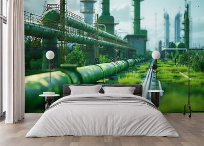 Green hydrogen energy pipeline of green color with industry Wall mural