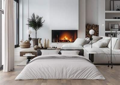 White corner sofa near fireplace. Scandinavian home interior design of modern living room Wall mural