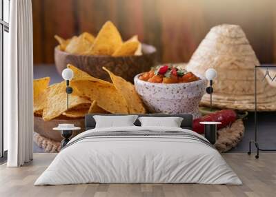 Chili with nachos on the table.  Wall mural