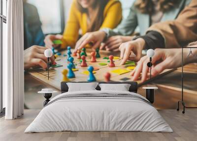 close-up of playing board game and having fun with friends and family in room indoors, board game concept, group of kids children play board games at the table, roll the dice Wall mural