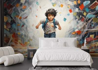 Curious and happy kid runs through books. Education school concept Wall mural