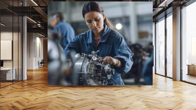 Female mechanical engineer working in machinery in industry. Workers wearing safety glasses. Working. Industrial concept. Wall mural