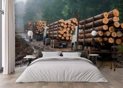 Forest industry. Felling of trees, cut trees. Trucks loading wood in the forest. Loading logs onto a logging truck. Portable crane on a logging truck. Forestry tractors, trucks and loggers machinery. Wall mural