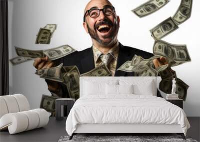 Happy businessman enjoy the money rain Wall mural