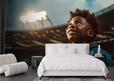 Little black kid standing in the middle of football stadium and dreaming become football soccer player Wall mural