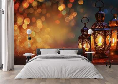 Muslim religion lantern and islamic moon in the background. Ramadan kareem mubarak Wall mural