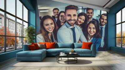 Portrait of successful group of business people at modern office looking at camera. Portrait of happy businessmen and satisfied businesswomen standing as a team. Multiethnic group of people smiling. Wall mural