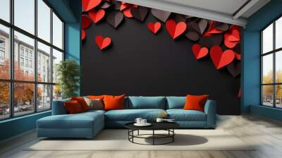 red paper hearts frame on black background, free space for text Wall mural