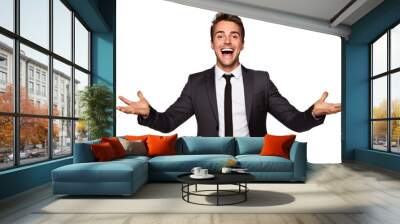 Self confident and happy business man cheers and celebrate success isolated on transparent background Wall mural