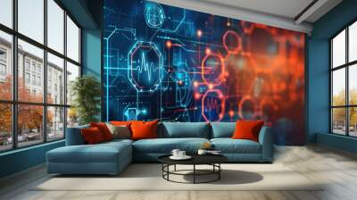 Digital technology background with heartbeat icons on media screen. Wall mural