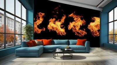 Fire flames collection isolated on black background, fire texture background, fire pattern. Wall mural