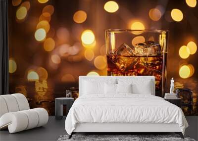 Whiskey on the rocks with ice cubes on the background of bokeh lights. Wall mural