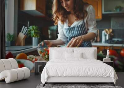 Young woman preparing salad in the kitchen at home. Healthy meal. Wall mural