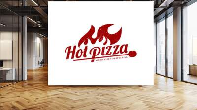 Hot Pizza cafe logo, pizza icon, emblem for fast food restaurant. Vector hand lettering pizza logo on white background Wall mural