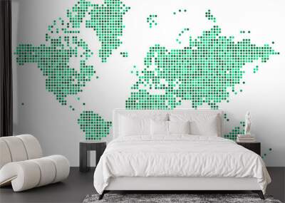 Schematic grainy world map image with continents in green eco style. Global world atlas in halftone dotted design. Simple dotted vector isolated on white background Wall mural