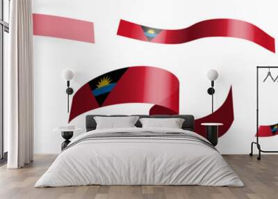 Set of holiday ribbons. Antigua and Barbuda flag waving in wind. Separation into lower and upper layers. Design element. Vector on white background Wall mural