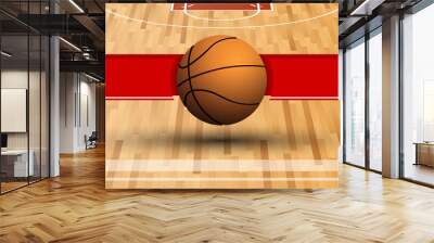 template for tournament with basketball ball on background of sports field with ribbons for announcement of names of teams. Vector Wall mural