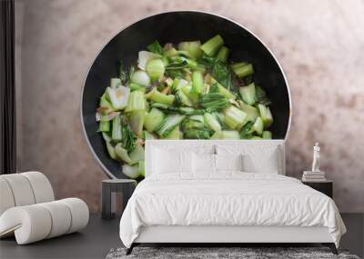 Choy Sum or Bok choy or chinese cabbage vegetable Stir fry in the pan Wall mural