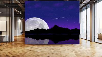 A huge moon is seen rising over a mountain lake as a shooting star appears in the sky in a 3-d illustration. Wall mural