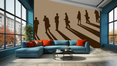 A line of business people, men and women, are seen on a hillside as they follow their female leader, boss, CEO. Wall mural