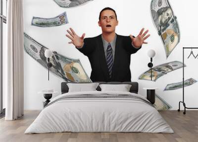 A man in a business suit grasps for hundred dollar bills that swirl overhead in this 3-D illustration about the elusiveness of money. Wall mural