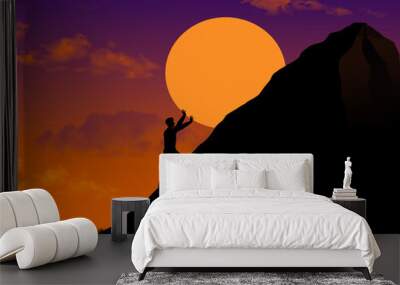 A silhouetted man at sunset looks as if her is pushing the setting sun up the side of a hill or is a least trying to prevent the sun from sinking in a 3-d illustration. Wall mural