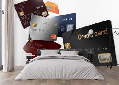 Here are generic, mock (safe to publish)  credit cards in a group that seem to be floating and flying across the page. Wall mural