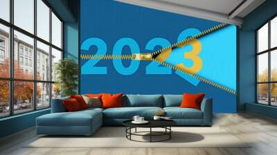 The new year 2023 is unzipped and exposed from beneath the number 2022 in a 3-d illustration. Wall mural