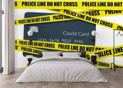 Yellow crime scene tape is seen covering a generic credit card on a white background. This is a 3-d illustration about stolen credit cards or credit card information. Wall mural