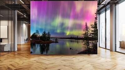 Northern lights erupt over a lake in Minnesota in a dark sky overhead shining rainbow of Aurora light as the sun sets on the horizon Wall mural