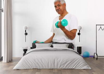 Senior Minority Man Working Out Set On A White Background Wall mural