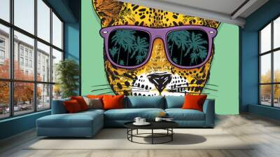 Stripped-down style illustration of a jaguar's face wearing sunglasses. Wall mural