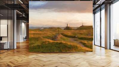 Digital painting of the Llanddwyn island lighthouse, Twr Mawr at Ynys Llanddwyn on Anglesey, North Wales. Wall mural