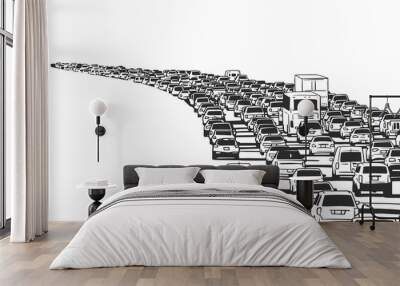 Illustration of rush hour traffic jam on freeway in black and white Wall mural