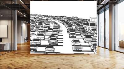 Illustration of rush hour traffic jam on freeway in black and white Wall mural