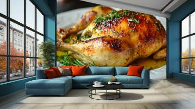 A beautifully roasted chicken garnished with herbs on a decorative plate. Wall mural