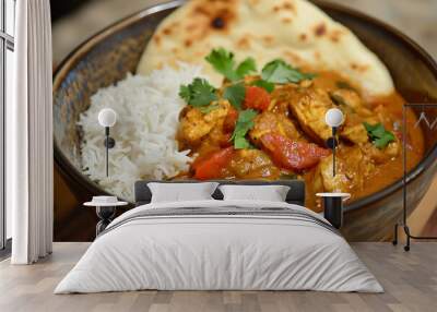 A bowl of chicken curry with rice and naan, garnished with coriander. Wall mural