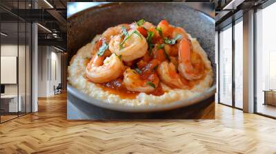 A bowl of shrimp served over creamy grits, garnished with herbs. Wall mural