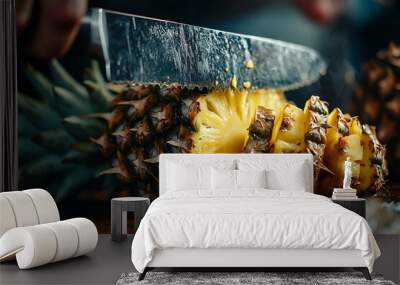 A close-up of a knife slicing a fresh pineapple, showcasing its juicy interior. Wall mural