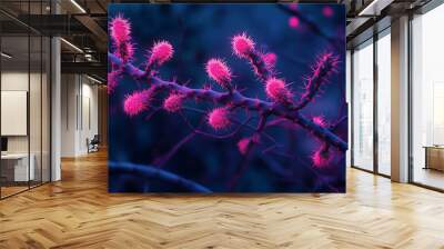 A close-up of a spiky, vibrant pink plant branch against a dark background. Wall mural