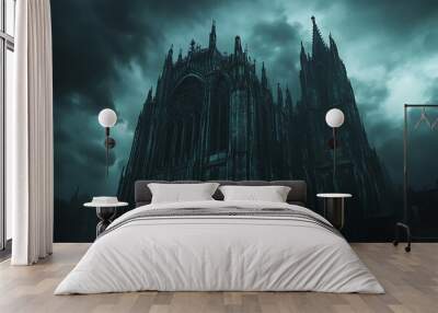 A dark, atmospheric gothic cathedral under a stormy sky. Wall mural